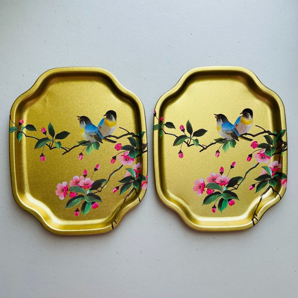 Elite Trays Bird Floral Pattern Mini Metal Trays Catch All 7.5x6” Set of 2